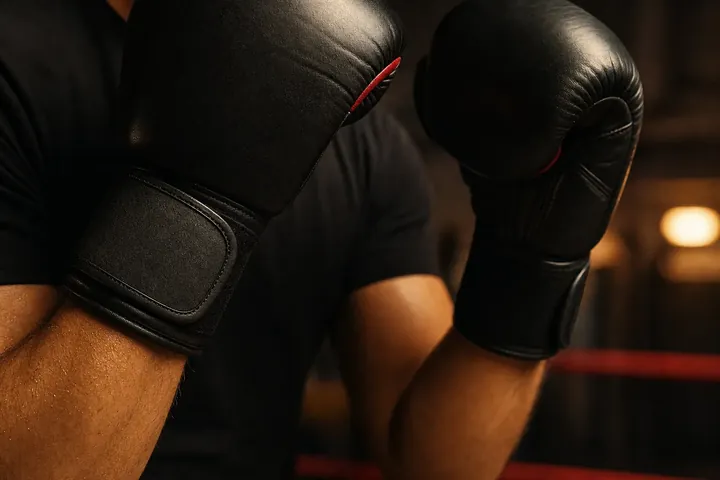Gants de boxe anglaise en garde, le long des cordes du ring