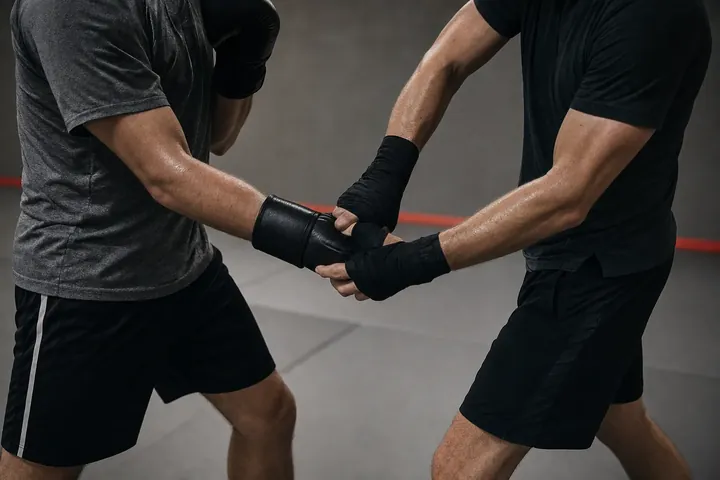 Exercice de dégagement : une main saisit un poignet, l'autre se libère