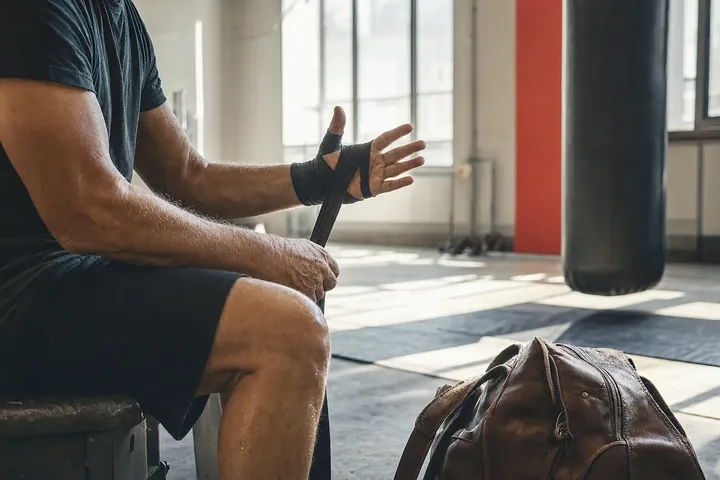 Un sportif pose ses bandes avant la séance, dans une salle lumineuse