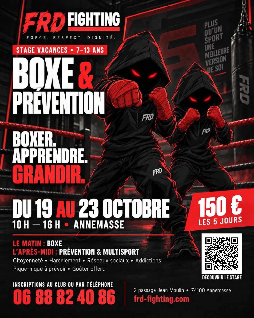 Affiche du stage : Boxe et prévention, stage vacances 7-13 ans, du 19 au 23 octobre, 10 h – 16 h à Annemasse, deux petits personnages à capuche en garde. Boxer. Apprendre. Grandir.
