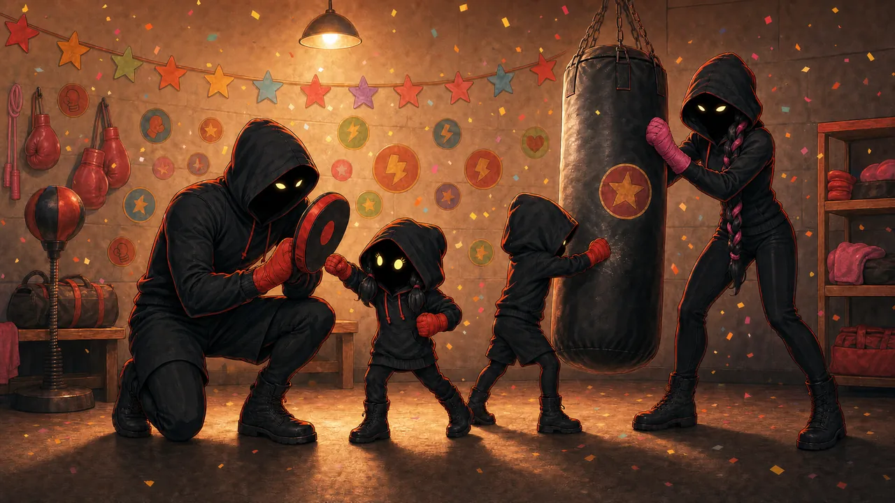 Les petits Spectres à l’entraînement : le Petit Gardien frappe le sac, la Petite Gardienne touche la patte d’ours que tient le Spectre, la Lady tient le sac.