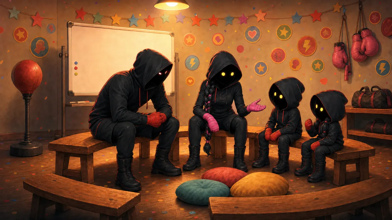Les quatre Spectres assis en cercle sur des bancs et des coussins : la Lady explique, les petits écoutent, devant un tableau blanc vide.