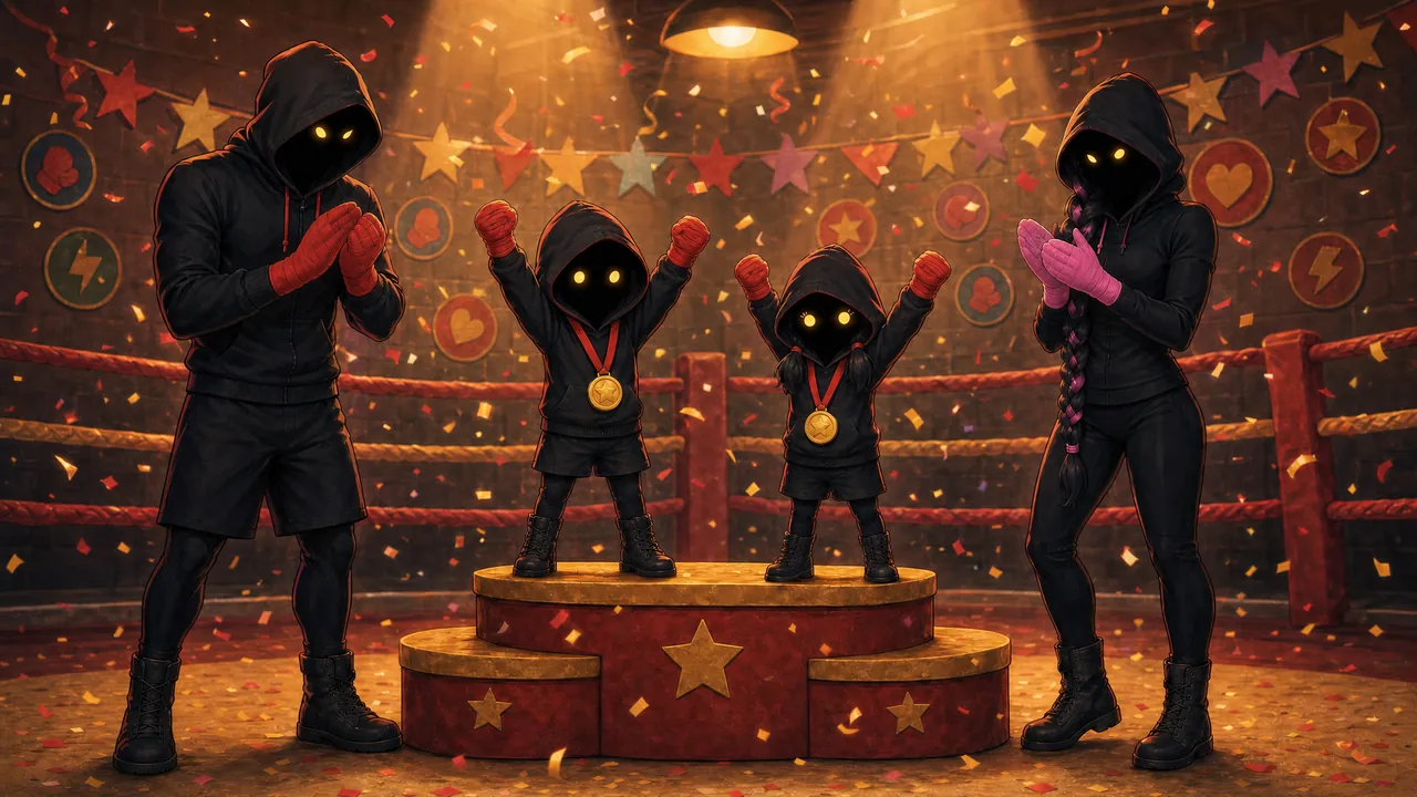 Le grand jour : le Petit Gardien et la Petite Gardienne sur un podium, une médaille autour du cou, les poings levés ; le Spectre et la Lady applaudissent.