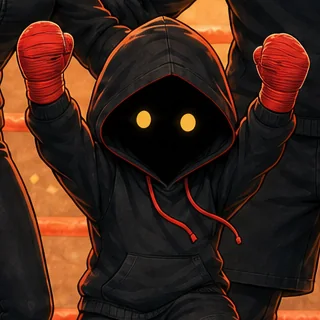Le Petit Gardien, mascotte du club : une petite silhouette à capuche, deux yeux jaunes ronds, les poings levés.
