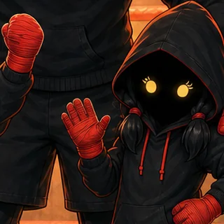 La Petite Gardienne, mascotte du club : une petite silhouette à capuche, deux yeux jaunes ronds, deux couettes, qui salue de la main.