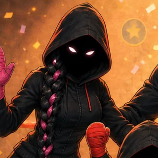 La Lady Spectre, mascotte du club : une silhouette à capuche, une longue natte, deux yeux lumineux, les mains bandées de rose.